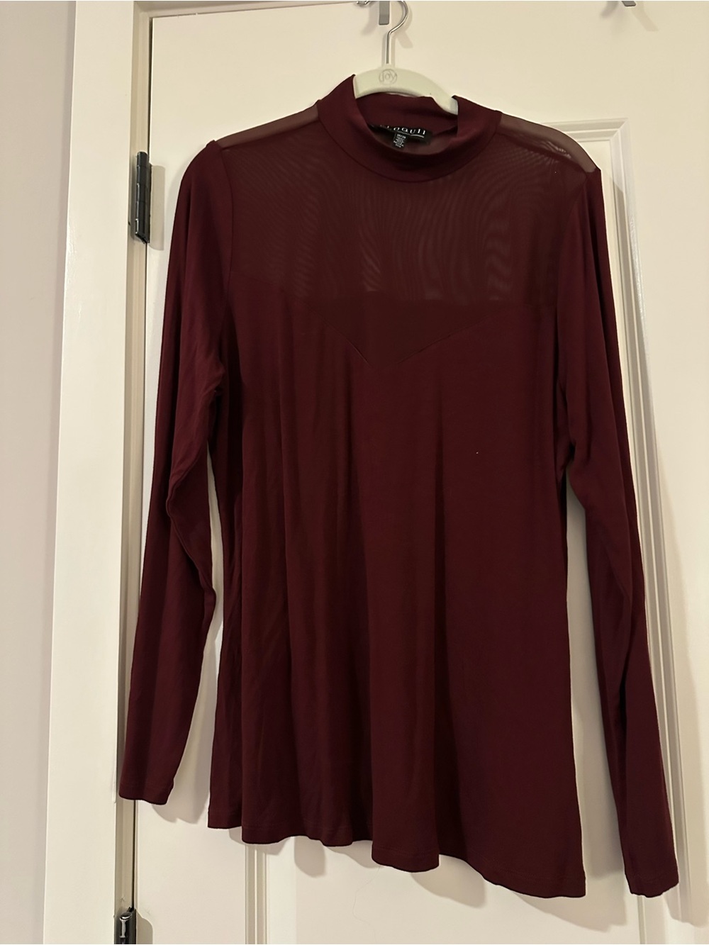 Eloquii Burgundy Mock Neck Long Sleeve Top with Sheer Yoke